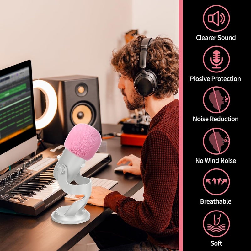 JYUVICT Microphone Pop Filter for Blue Yeti, Yeti Pro, Yeti X, Nano, AM8, Solocast and More USB Mics, ASMR Microphone Windscreen Muff, Furry Mic Cover Foam for Wind and Ambient Noise Reduction, Pink - Image 5